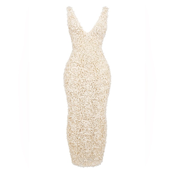 NWOT House of CB CARENA CREME PLUNGE FLORAL APPLIQUÉ MAXI DRESS - Picture 10 of 13